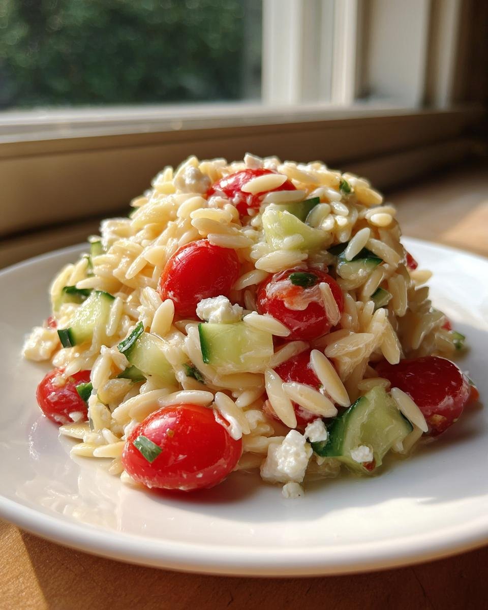 A vibrant serving of Orzo Pasta Salad featuring cherry tomatoes, cucumber chunks, and feta cheese.