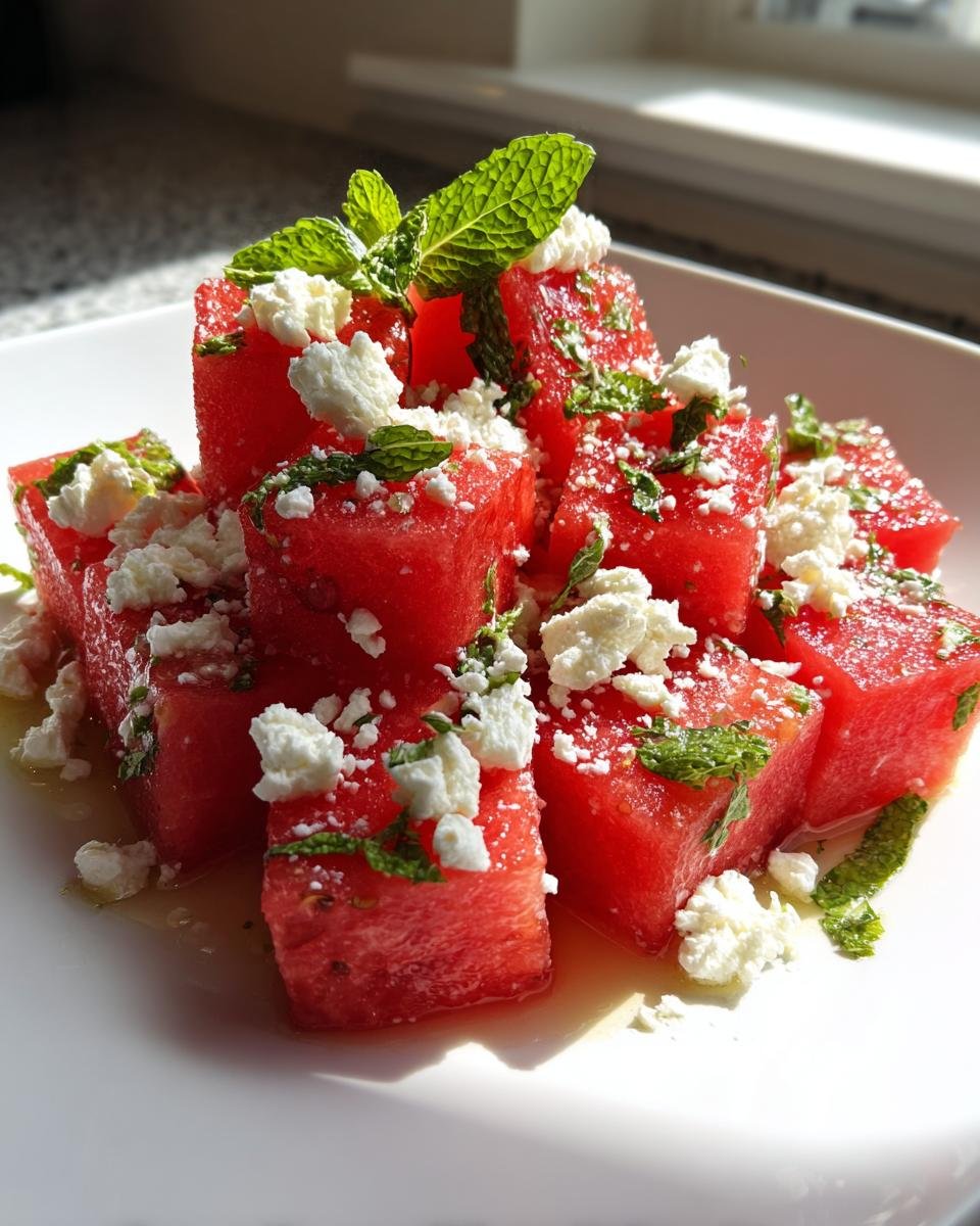 Close-up of cubed watermelon topped with crumbled feta cheese and fresh mint, ready to serve as Watermelon Feta Salad.