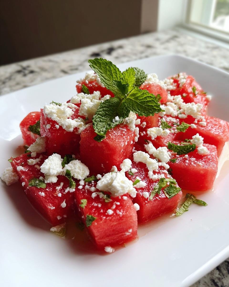 Close-up of juicy watermelon cubes topped with crumbled feta cheese and fresh mint leaves, ready to eat Watermelon Feta Salad.