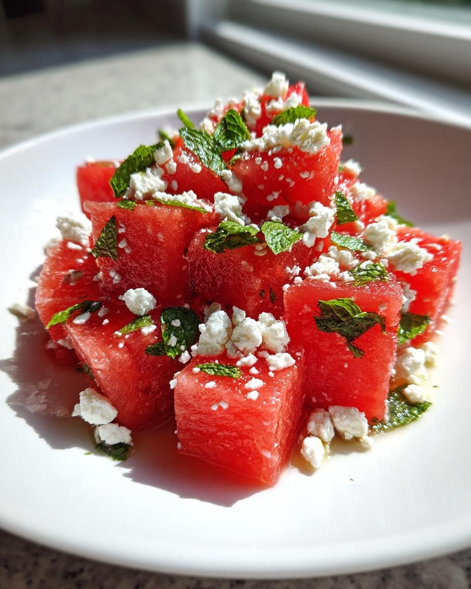 Close-up of juicy watermelon cubes topped with crumbled feta cheese and fresh mint leaves in a Watermelon Feta Salad.