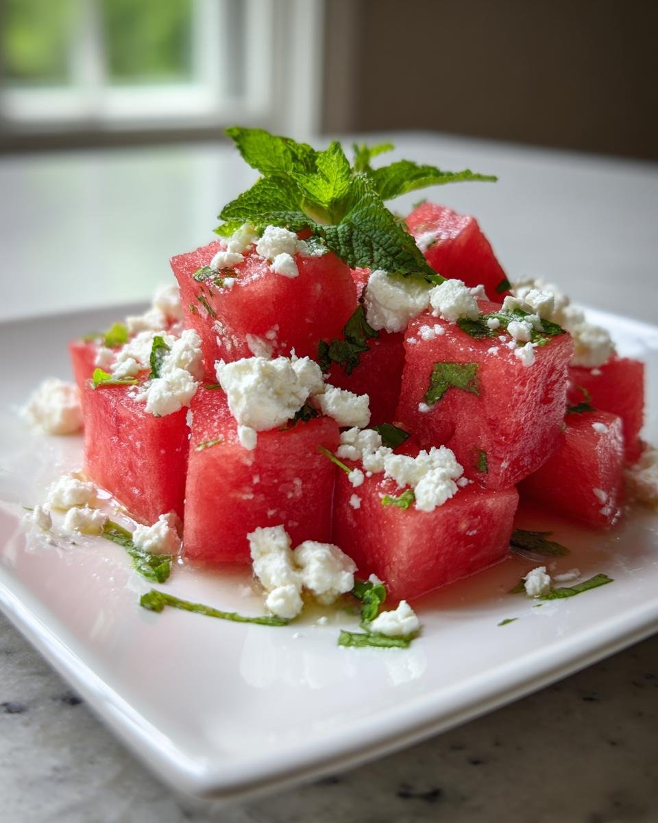 Close-up of Watermelon Feta Salad cubes topped with crumbled feta and fresh mint sprigs.