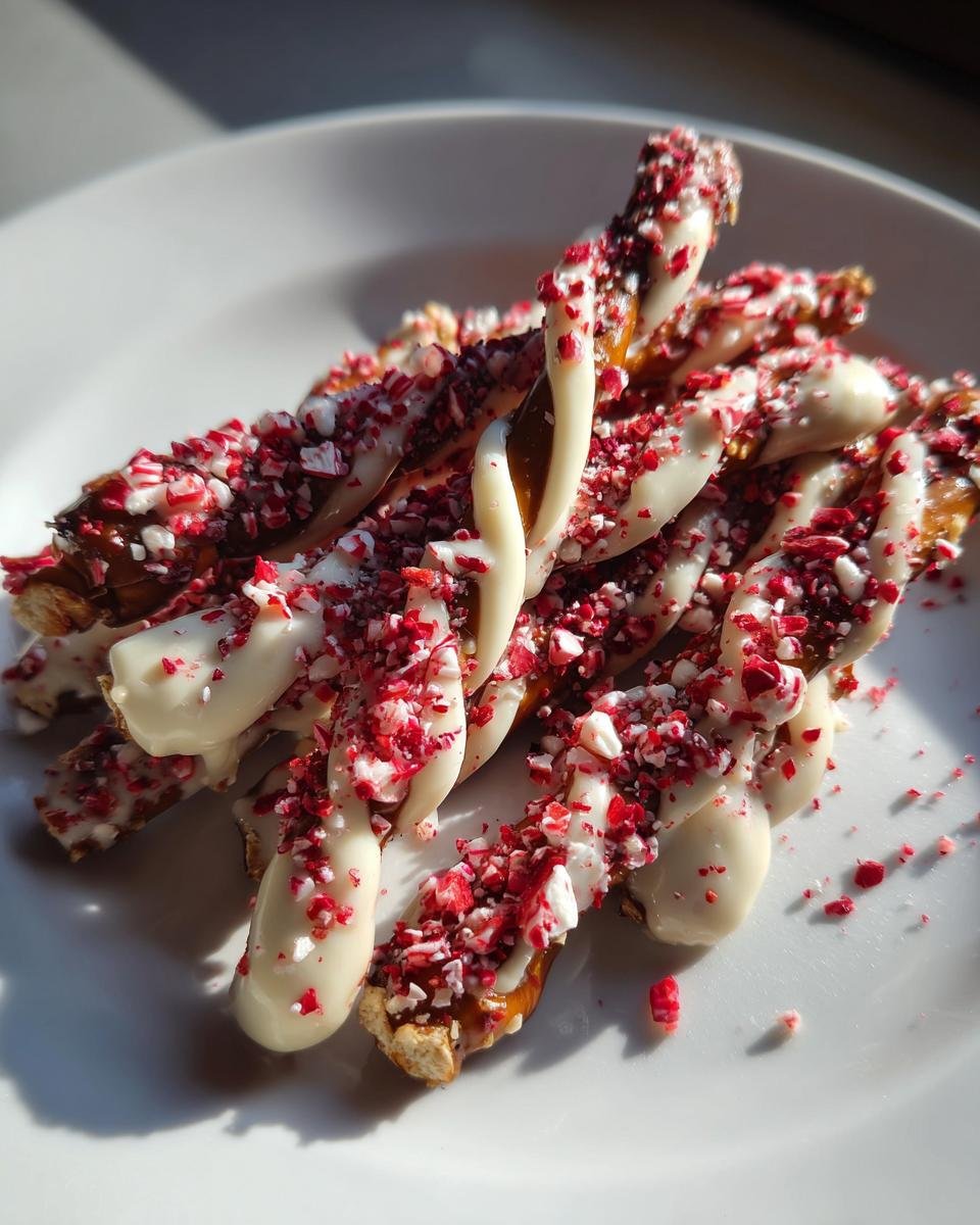 A pile of White Chocolate Peppermint Pretzels drizzled with white chocolate and crushed candy canes on a white plate.
