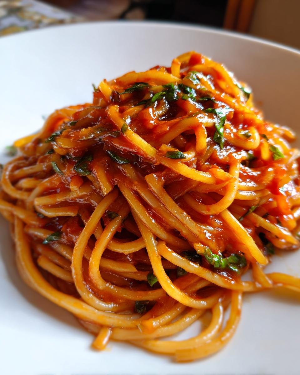 A close-up shot of thick spaghetti coated in rich, vibrant red Tomato Pasta sauce, garnished with fresh green herbs.