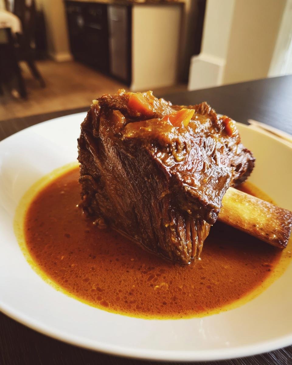 A single, tender braised Beef Short Ribs bone-in, resting in a pool of rich, orange-brown sauce on a white plate.