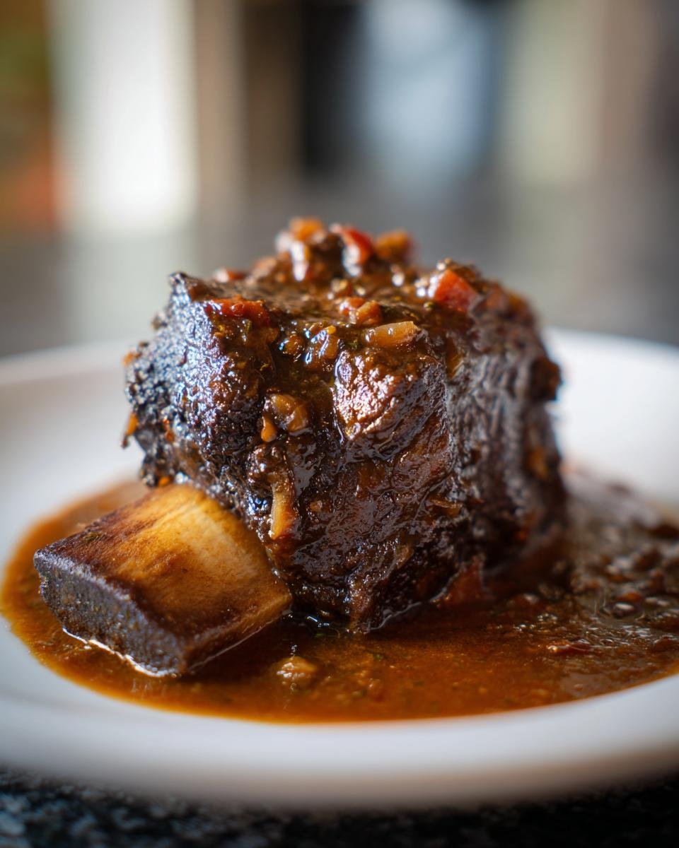 Close-up of a tender, dark-glazed Beef Short Ribs piece sitting in rich brown sauce on a white plate.