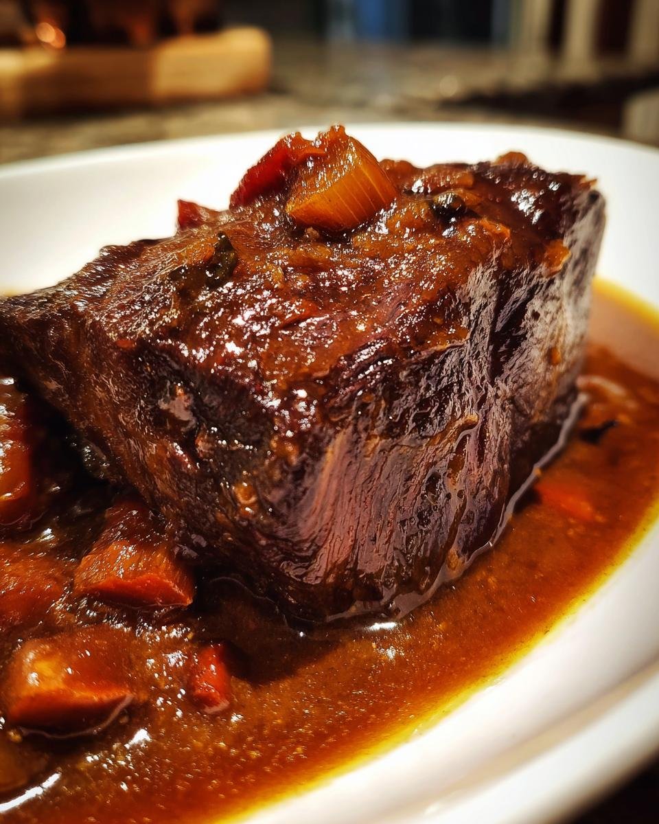 Close-up of a single, tender Beef Short Ribs piece braised in a dark, rich sauce with visible pieces of onion.