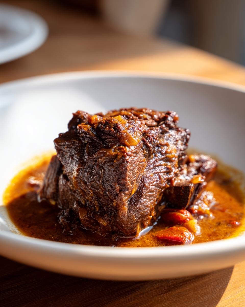 A close-up of tender, braised Beef Short Ribs served in a pool of dark, rich sauce in a white bowl.