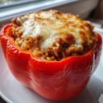 Close-up of a bright red stuffed peppers overflowing with seasoned rice and meat mixture, topped with bubbly, melted cheese.