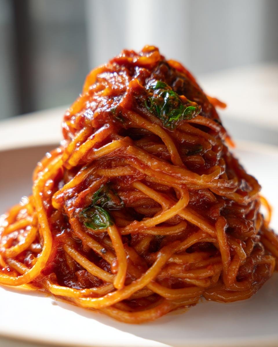 Close-up of a perfectly twirled mound of spaghetti coated in rich red Tomato Pasta sauce with visible basil leaves.