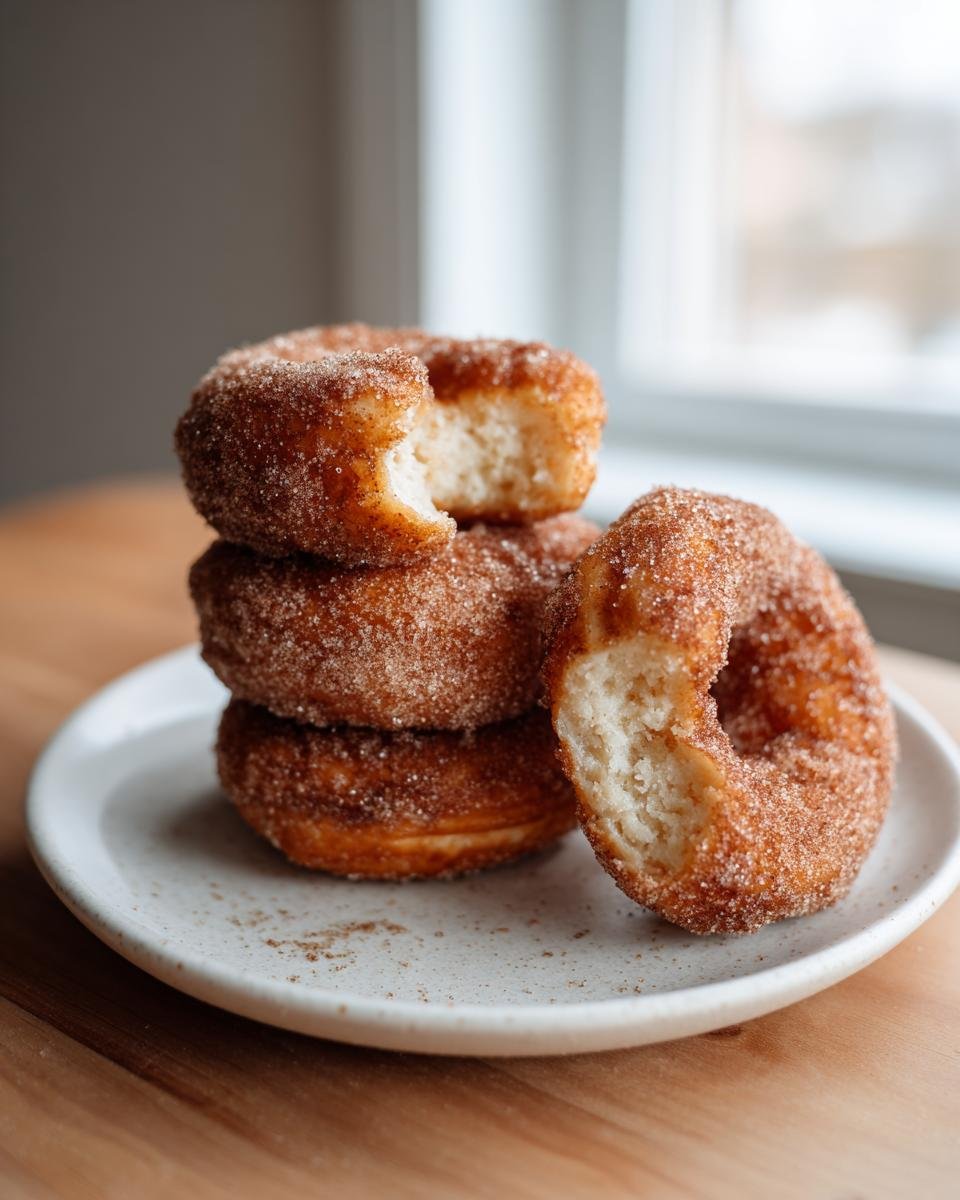 A stack of four cinnamon sugar coated Apple Cider Donuts on a speckled white plate, one donut has a bite taken out.