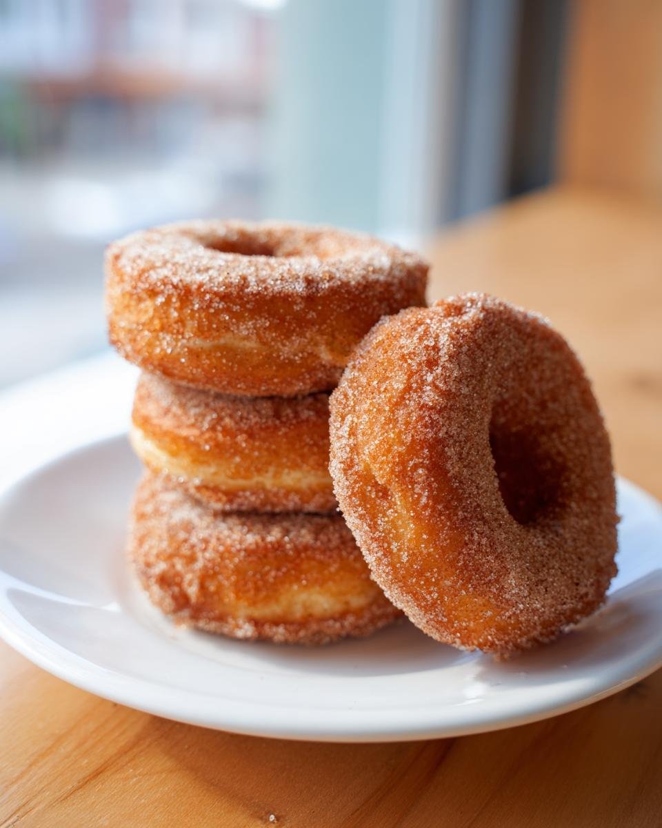 A stack of four freshly made Apple Cider Donuts coated heavily in cinnamon sugar, resting on a white plate.