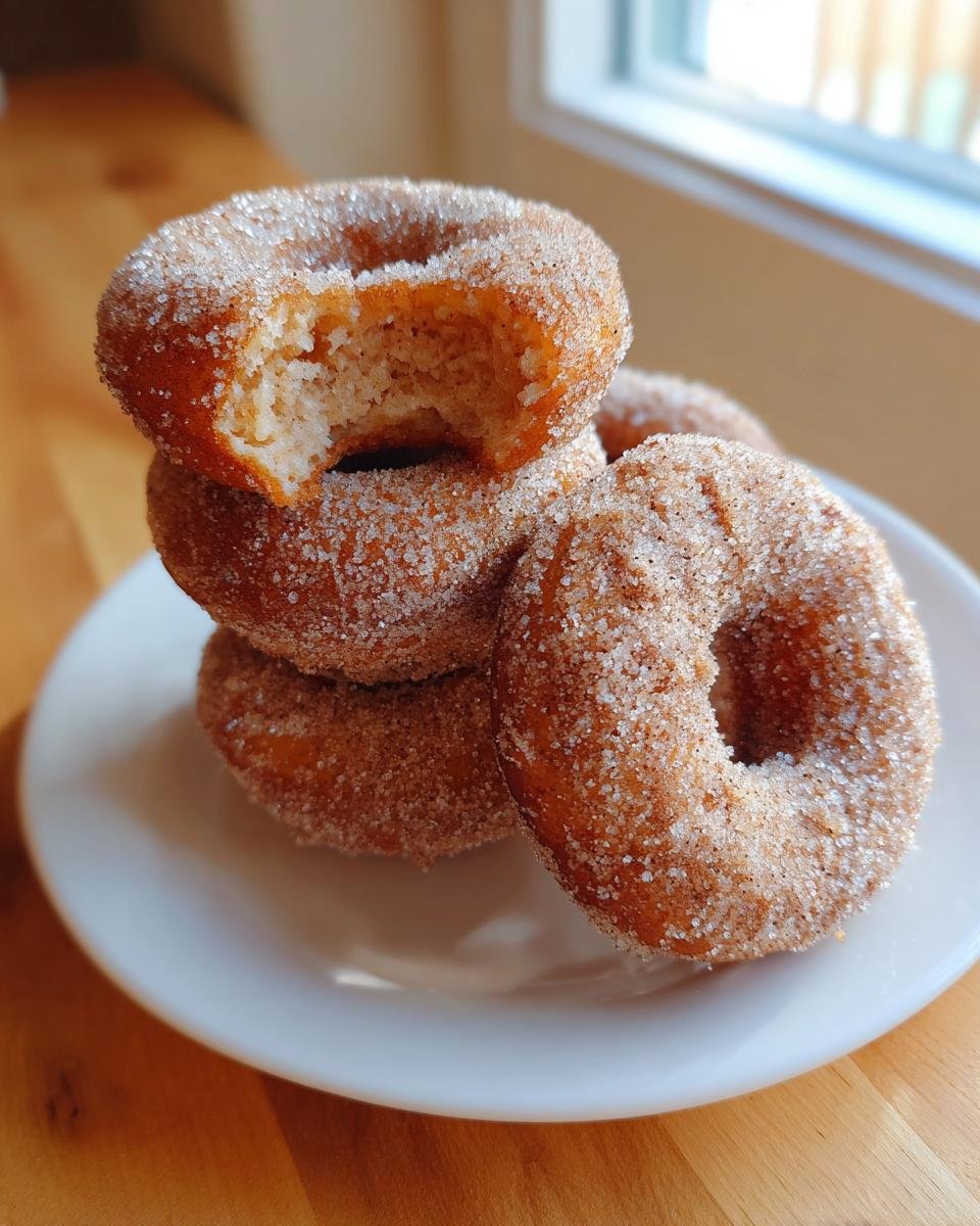 A stack of freshly made Apple Cider Donuts coated in cinnamon sugar, with the top donut having a bite taken out.