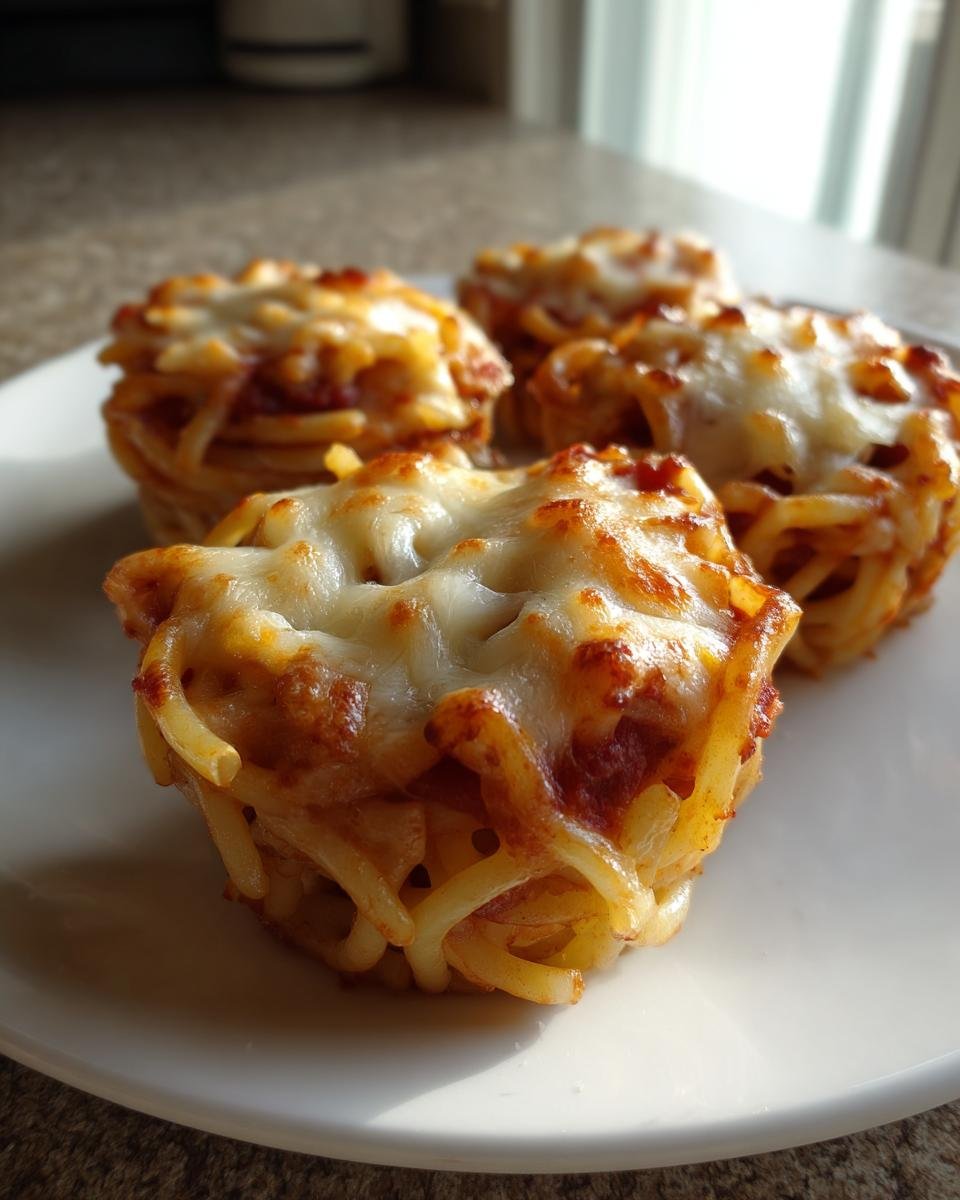 Four baked Spaghetti Worm Cups topped with bubbly, melted mozzarella cheese on a white plate.