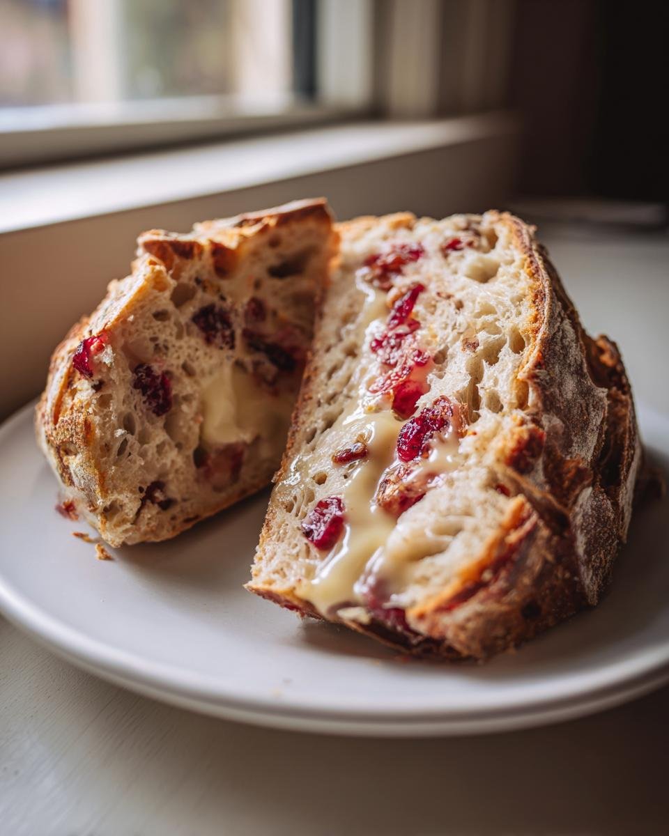 A thick slice of Brie Cranberry Sourdough Bread, cut open to show melted brie and cranberries