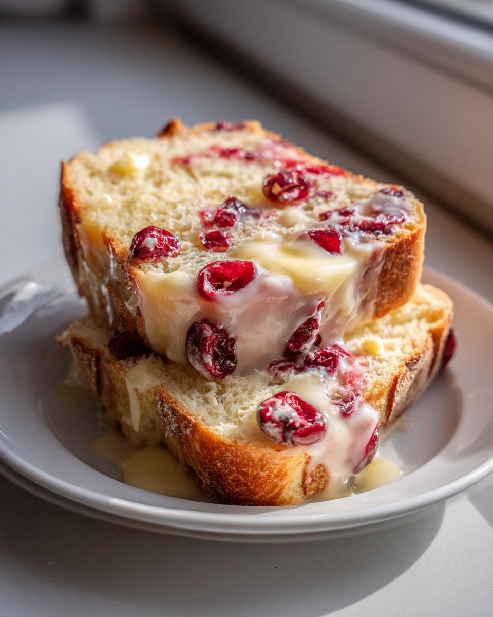 Two stacked slices of Brie Cranberry Sourdough Bread topped with a creamy white glaze and bright red cranberries.