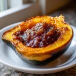 A close-up of a baked half of Candied Acorn Squash, filled with a rich, dark brown sugary glaze.