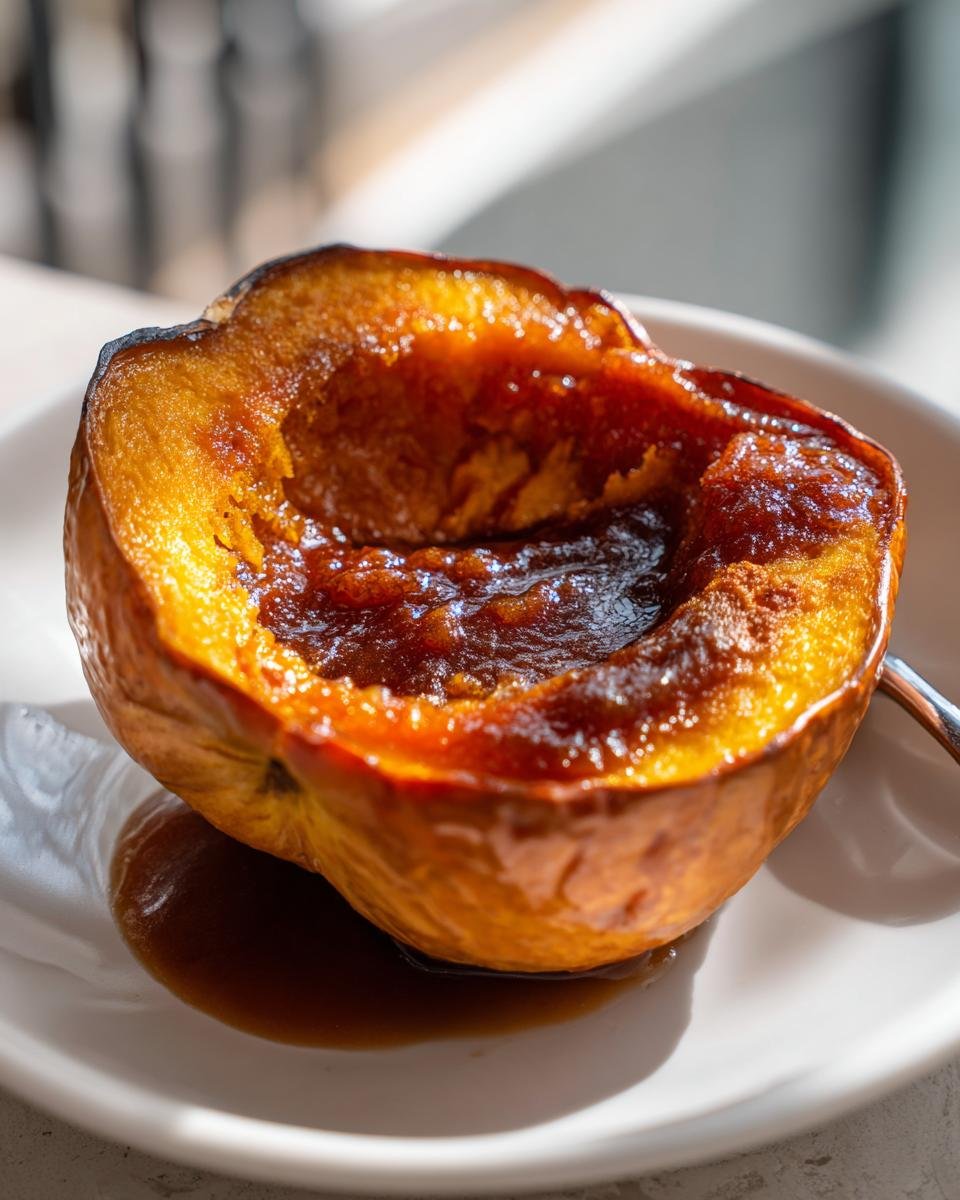 A close-up of a baked half of Candied Acorn Squash, glistening with a rich, dark brown caramelized glaze.