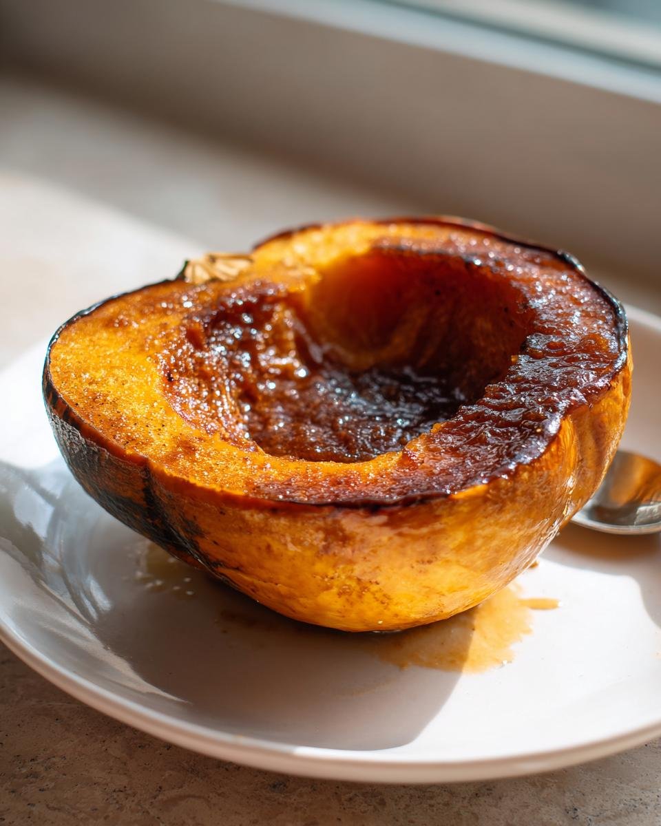 A close-up of a baked half of Candied Acorn Squash glistening with caramelized syrup on a white plate.