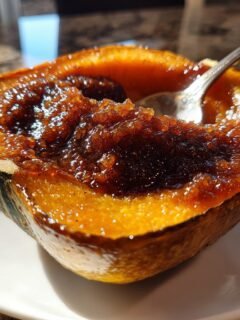 A close-up shot of a baked acorn squash half filled with rich, dark brown glaze, ready to eat with a spoon, showcasing the Candied Acorn Squash.