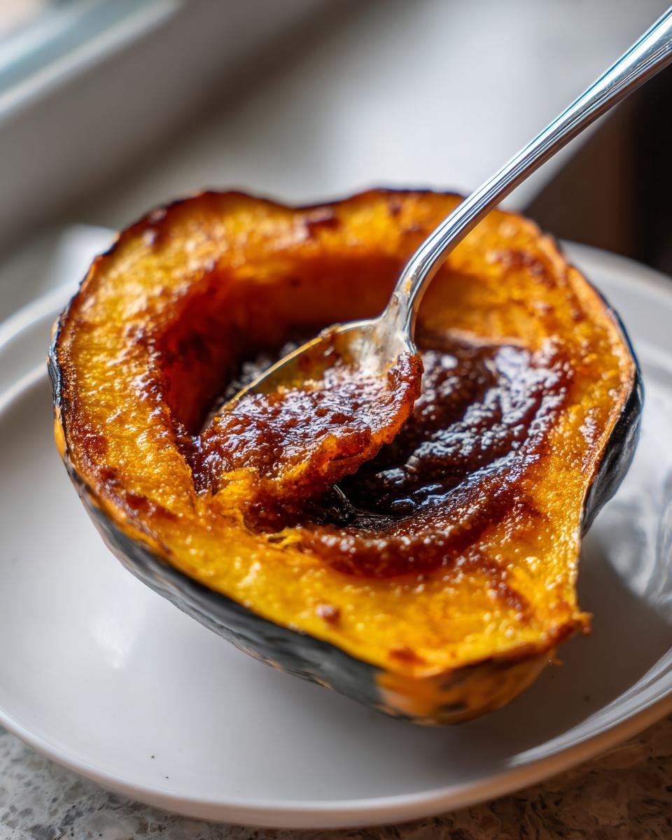 A close-up of a roasted half of Candied Acorn Squash with a spoon scooping up the caramelized brown sugar glaze.