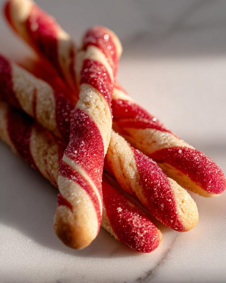 Close-up of several twisted, red and white striped Candy Cane Cookies coated in sparkling sugar.