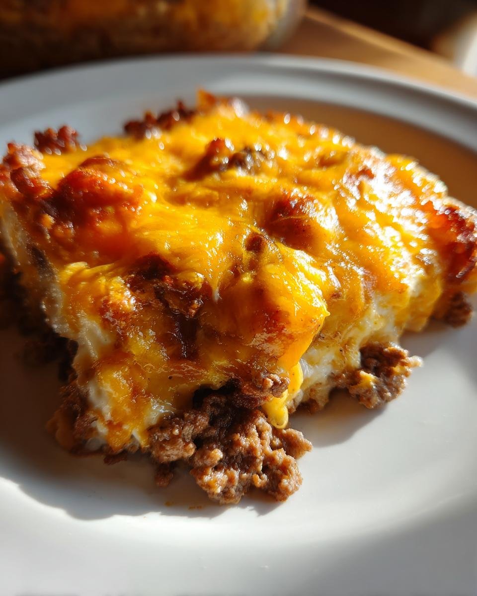 Close-up of a hearty serving of Cheesy Beef Vegetable Casserole topped with bubbly, melted cheddar cheese.