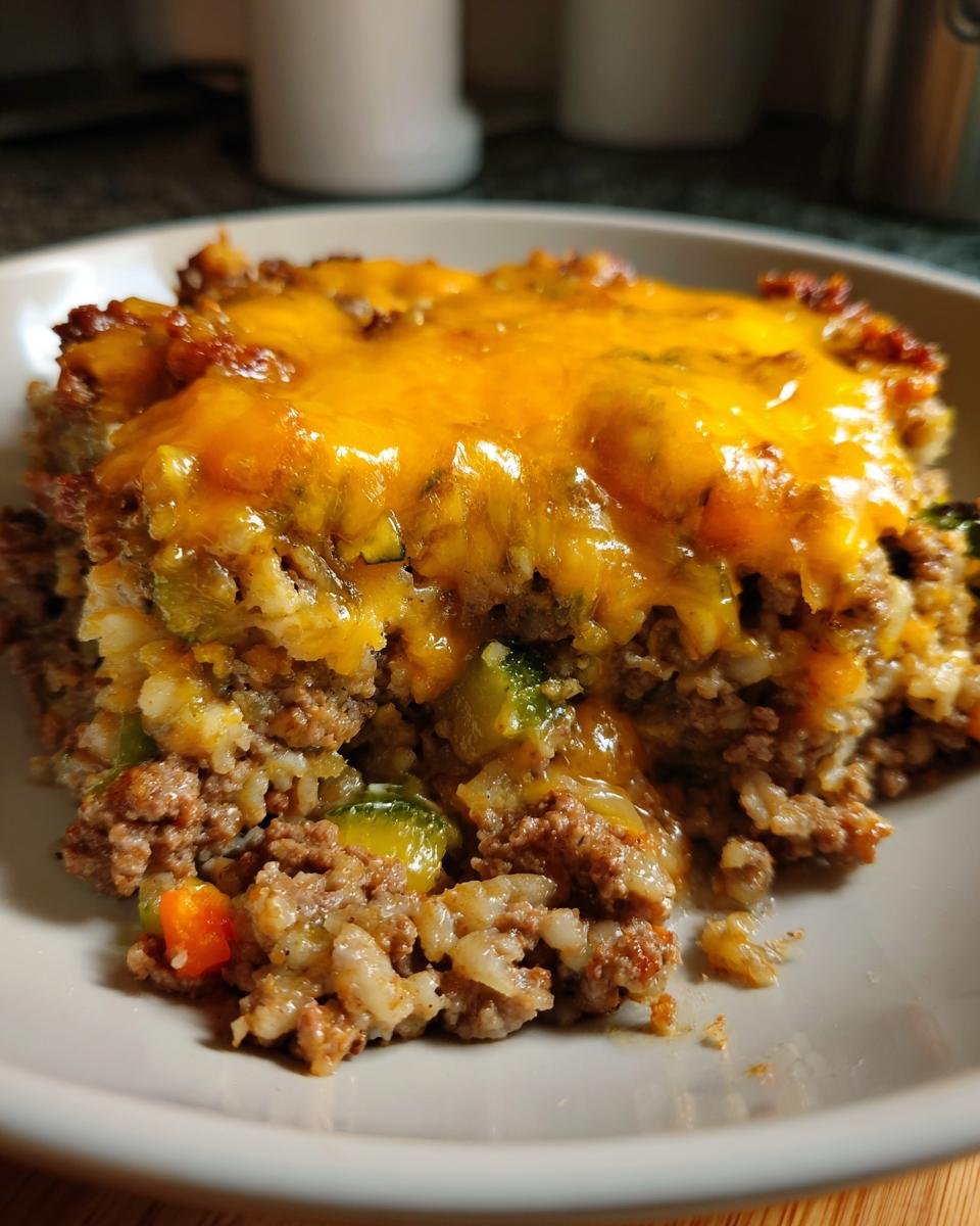 A close-up serving of Cheesy Beef Vegetable Casserole featuring ground beef, rice, visible vegetables, and a thick layer of melted cheddar cheese.