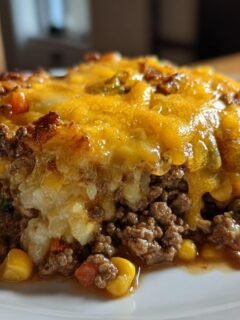 A close-up serving of Cheesy Beef Vegetable Casserole showing layers of ground beef, mixed vegetables, and a thick, melted cheddar cheese topping.