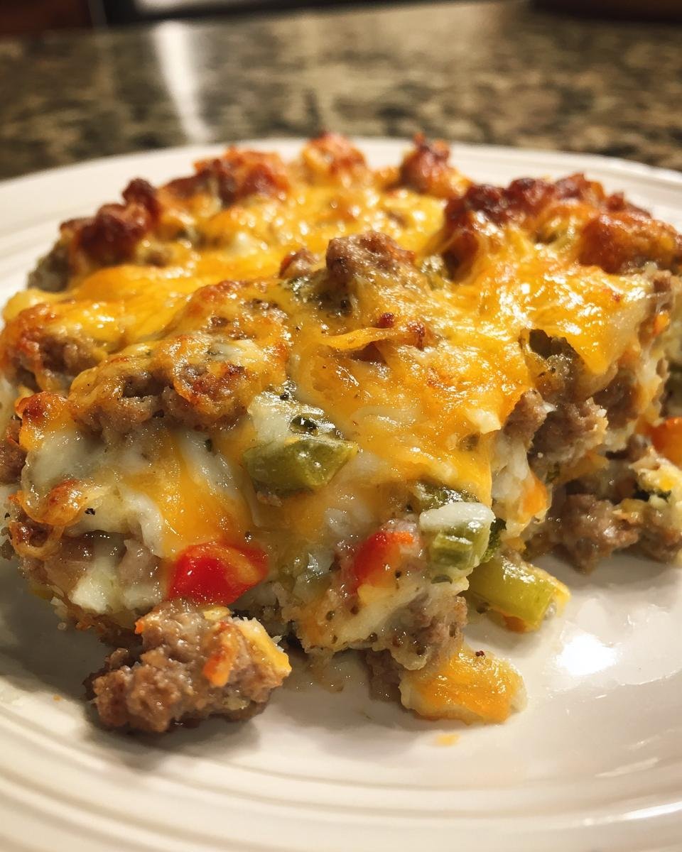 A close-up serving of Cheesy Beef Vegetable Casserole topped with melted cheddar and white cheese, showing ground beef and diced peppers.