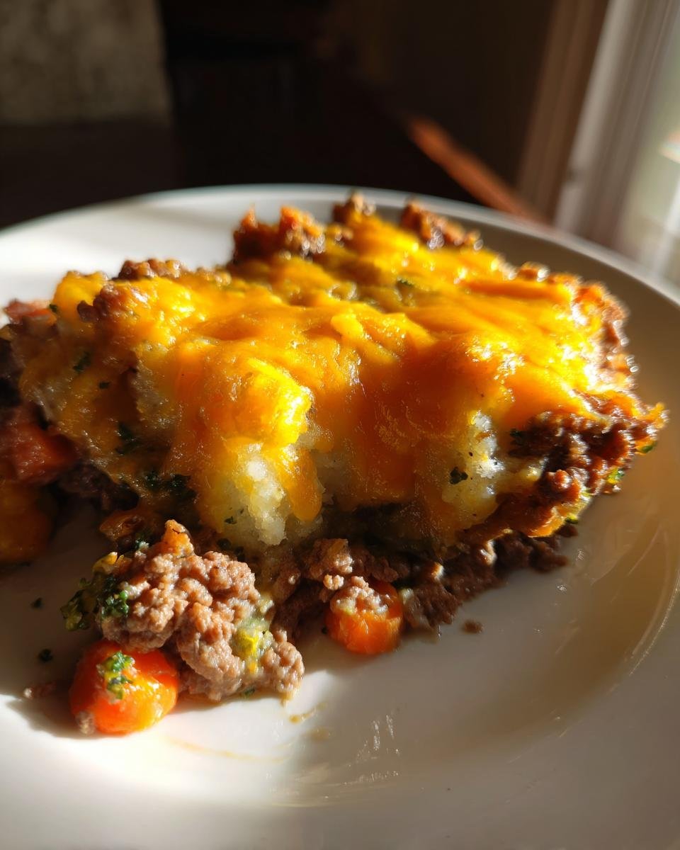 A close-up serving of Cheesy Beef Vegetable Casserole topped with melted cheddar cheese, showing ground beef and carrots.
