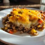 A close-up serving of Cheesy Beef Vegetable Casserole showing layers of ground beef, vegetables, and a thick topping of melted cheddar cheese.