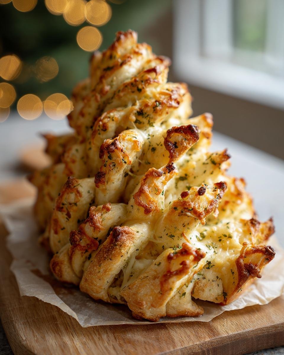 A freshly baked, golden brown Cheesy Christmas Tree Bread shaped like a small pine tree, covered in melted cheese and herbs.