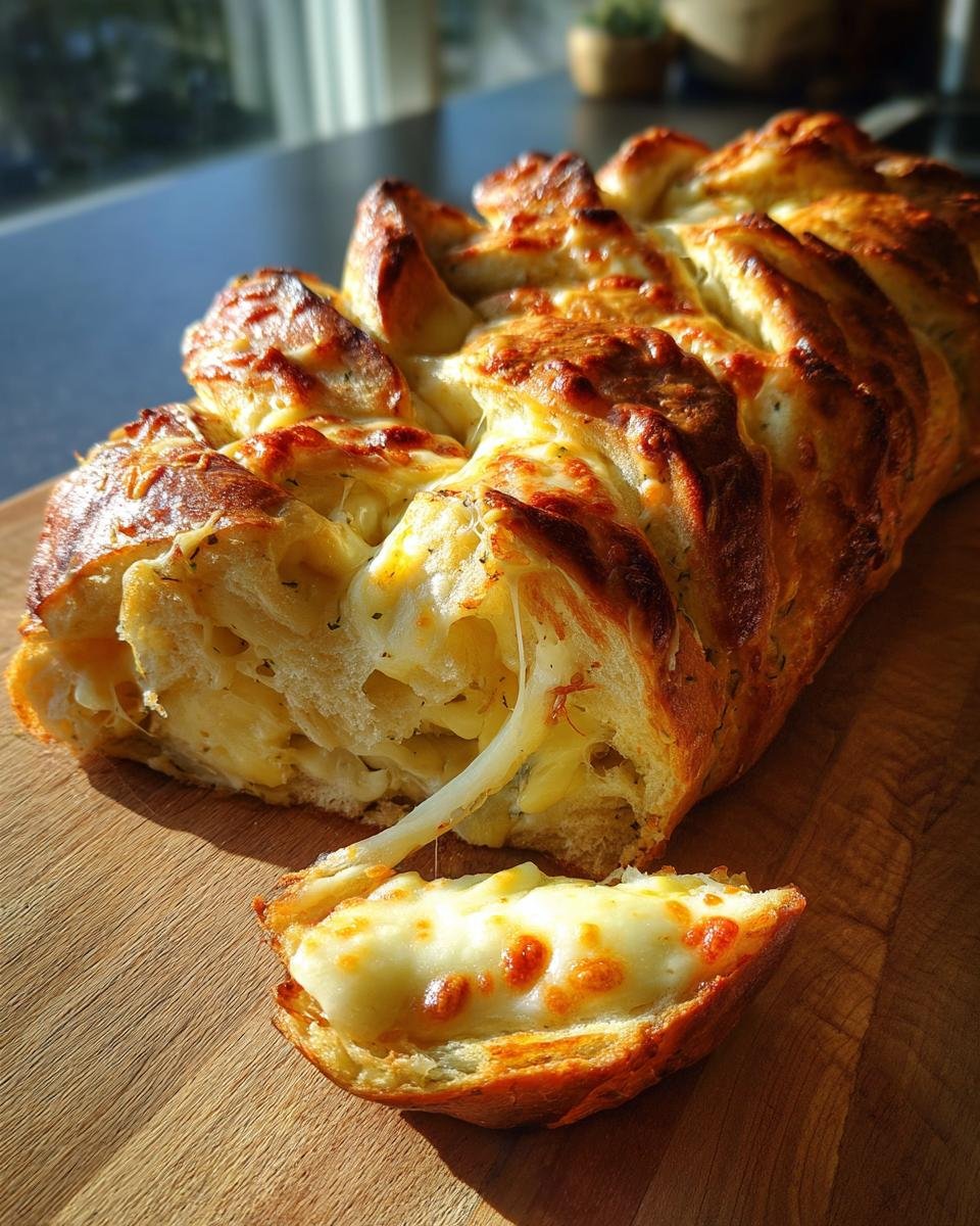 Close-up of Cheesy Christmas Tree Bread with a piece pulled away showing gooey, melted cheese stretching.