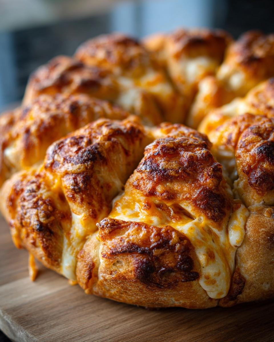 A close-up of freshly baked Cheesy Christmas Tree Bread, featuring golden-brown, pull-apart sections covered in melted, bubbly cheese.