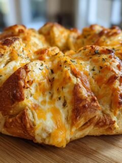 Close-up of a golden brown, pull-apart Cheesy Christmas Tree Bread topped with melted cheddar cheese and herbs.