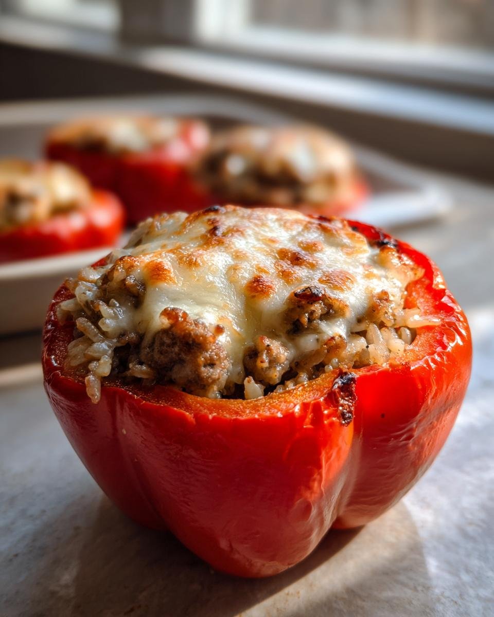 A close-up of a single red stuffed pepper topped with melted, browned cheese over a savory meat and rice filling.