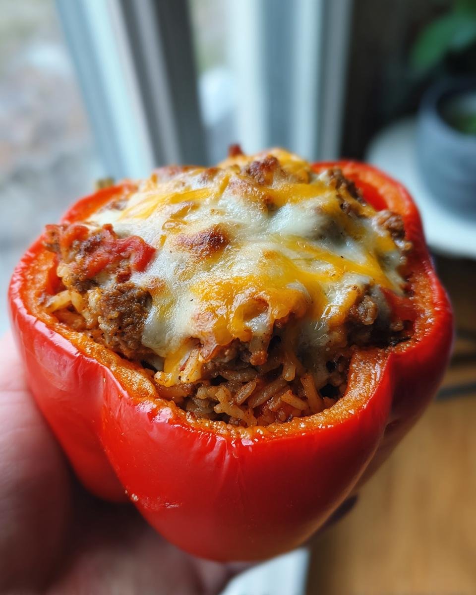 A close-up shot of a single, bright red Stuffed Peppers half filled with seasoned rice and meat, topped with melted golden cheese.
