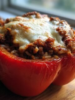 A close-up of a bright red stuffed peppers half filled with savory meat, rice, and topped with melted cheese.