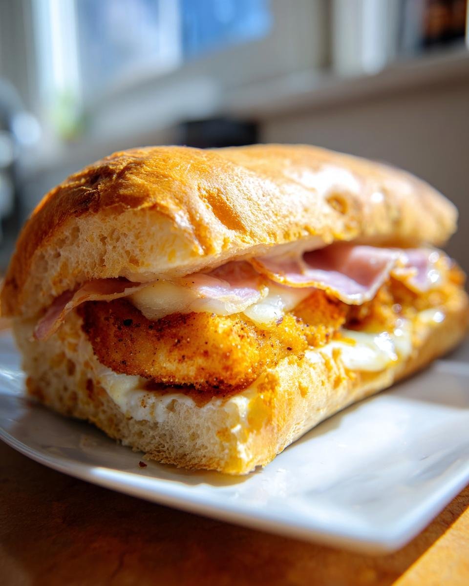 Close-up of a delicious Chicken Cordon Bleu Sandwich featuring crispy chicken, ham, and melted cheese on a crusty roll.