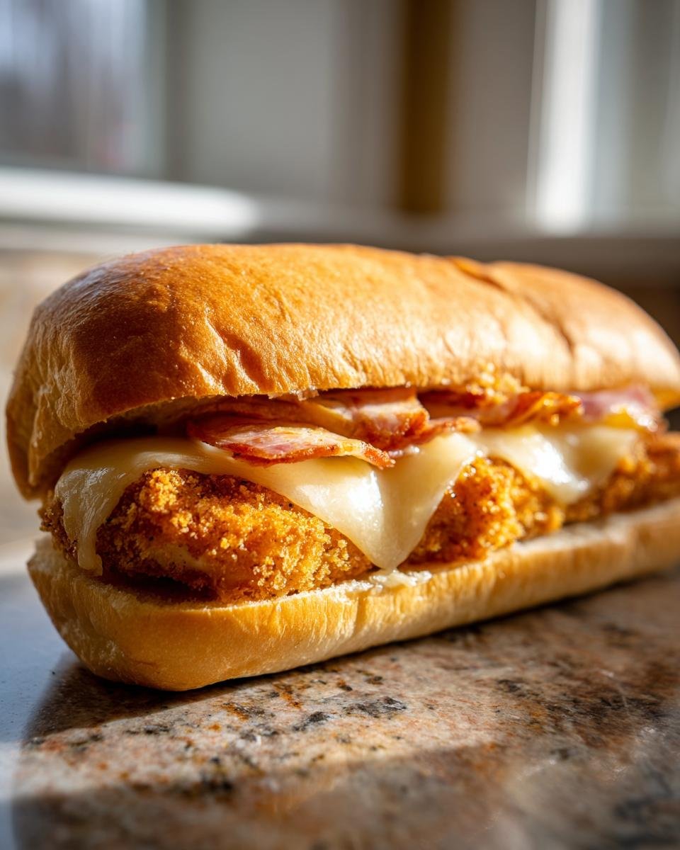 Close-up of a Chicken Cordon Bleu Sandwich featuring a crispy chicken patty, melted Swiss cheese, and bacon on a toasted roll.