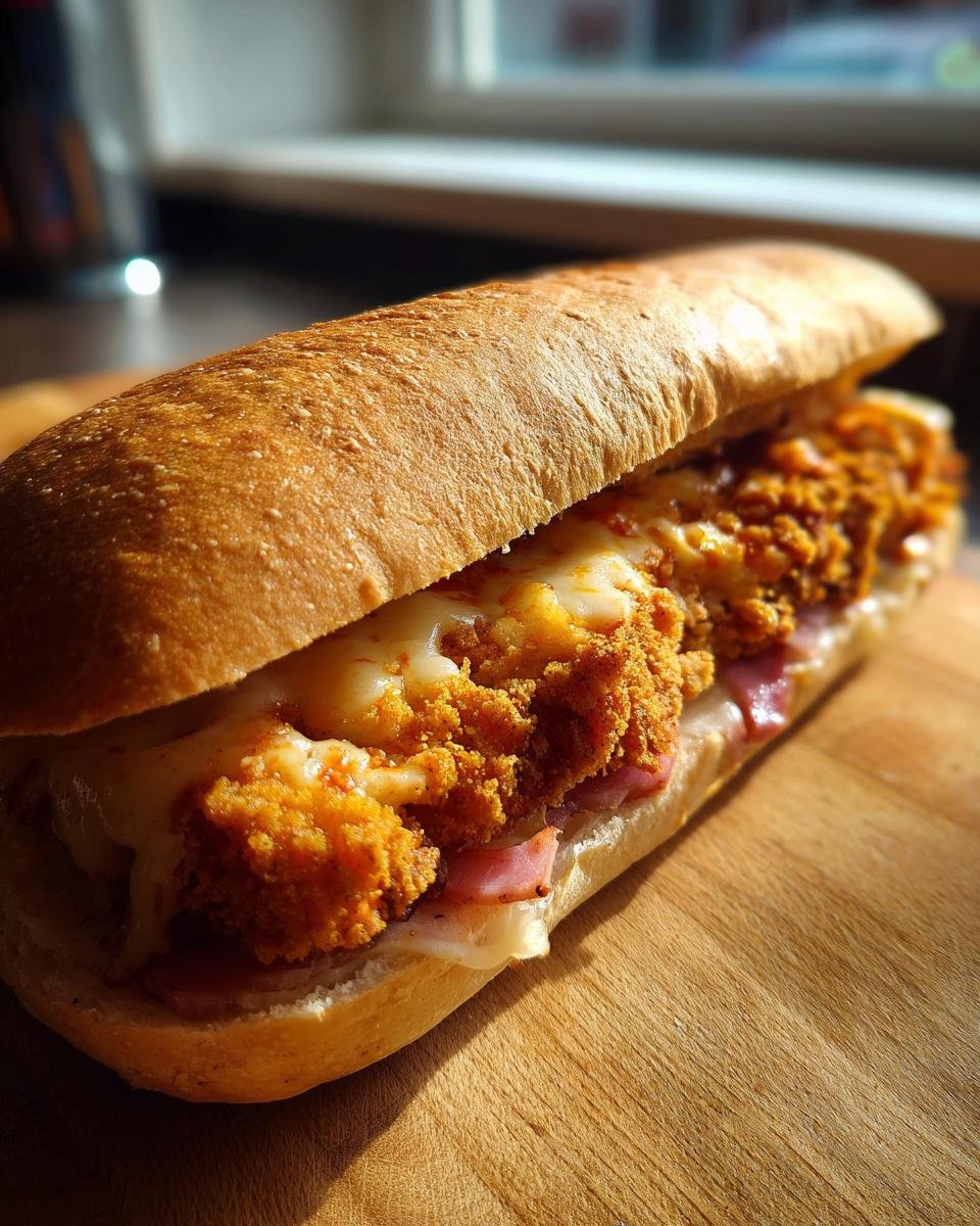 Close-up of a hearty Chicken Cordon Bleu Sandwich featuring crispy chicken, ham, and melted cheese on a long roll.