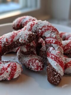 Close-up of several chocolate Candy Cane Cookies, swirled with white and red, coated in sugar crystals and crushed peppermint.