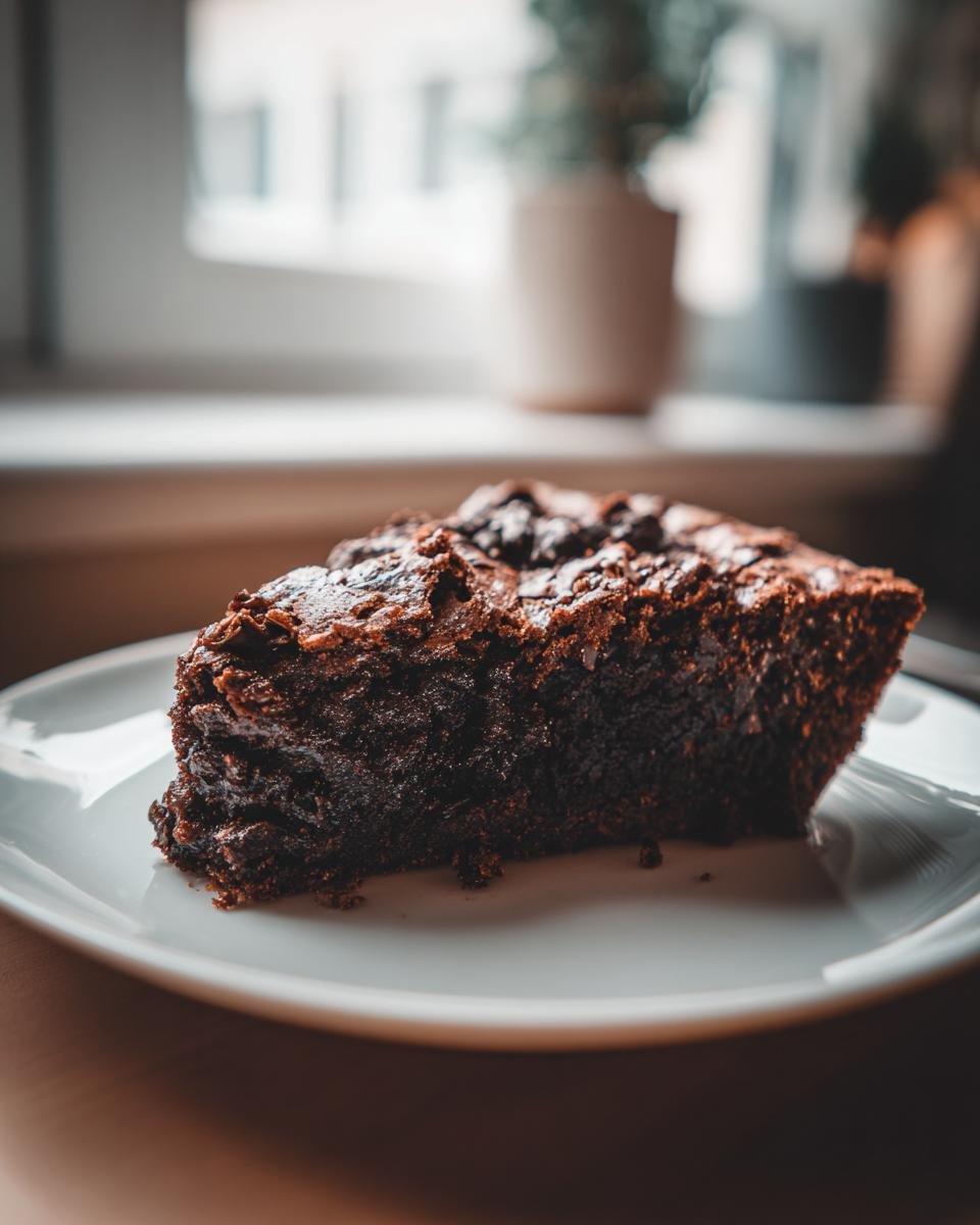 A moist, dark slice of Chocolate Doom Cake served on a white plate near a bright window.