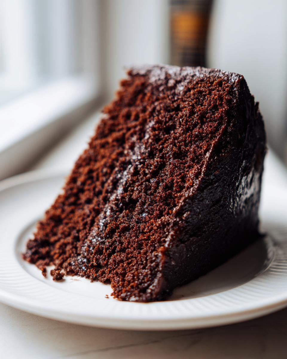 A rich, dark slice of Chocolate Doom Cake showing its moist, dense crumb texture on a white plate.