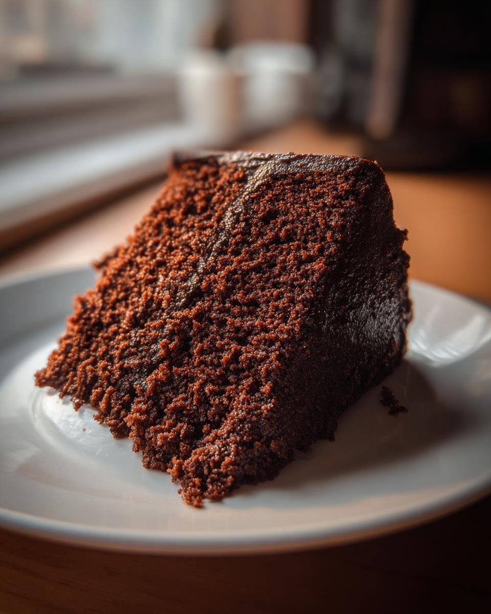 Close-up of a moist, dark slice of Chocolate Doom Cake served on a white plate.