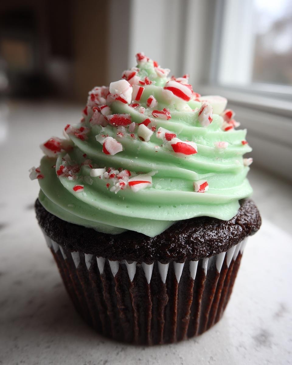 A single, rich chocolate cupcake topped with light green peppermint frosting and crushed candy canes, perfect for Chocolate Peppermint Cupcakes.