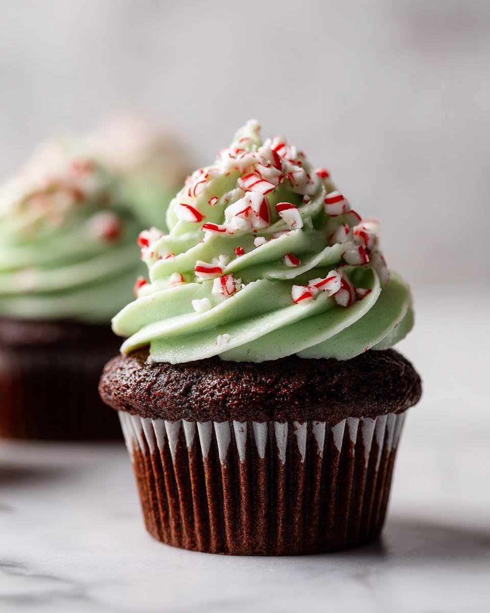 A close-up of a rich chocolate cupcake topped with light green frosting and crushed candy canes, a perfect Chocolate Peppermint Cupcakes.