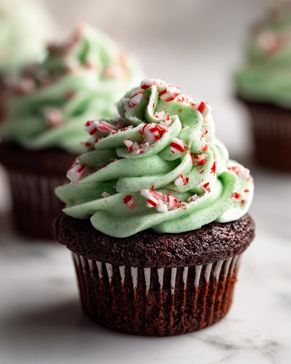 A close-up of a chocolate cupcake topped with vibrant green frosting and crushed candy canes, perfect for Chocolate Peppermint Cupcakes.