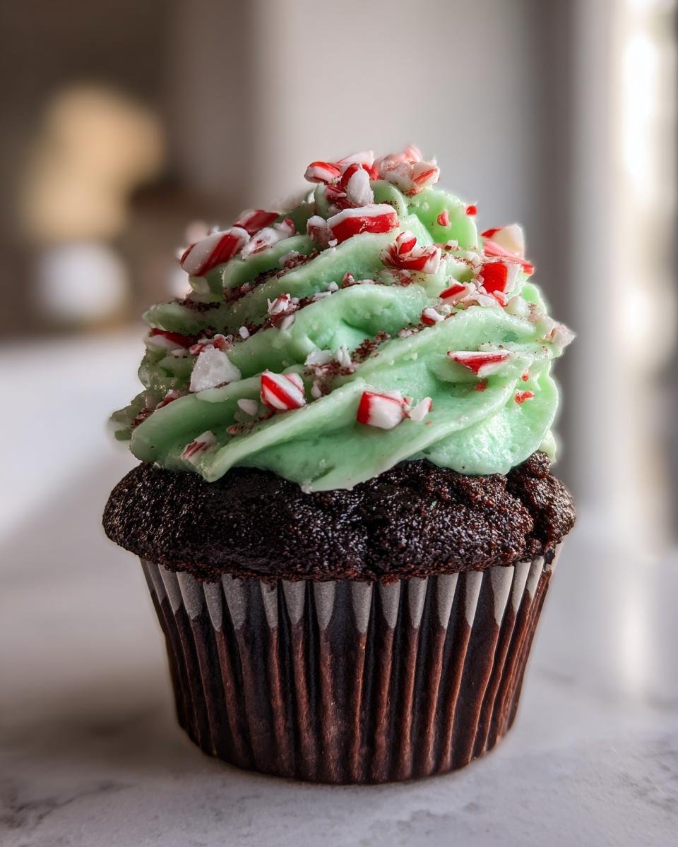 A single, rich chocolate cupcake topped with bright green peppermint frosting and crushed candy canes, representing Chocolate Peppermint Cupcakes.