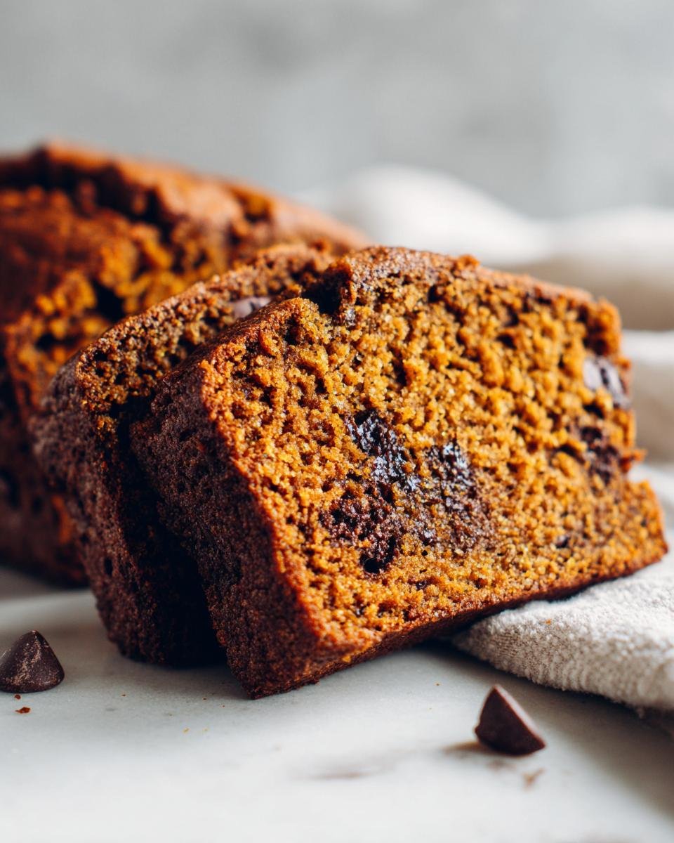 Close-up of two moist slices of Chocolate Pumpkin Bread showing rich color and melted chocolate chips.